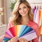 Nő színmintákkal, divat és színtípusok bemutatása