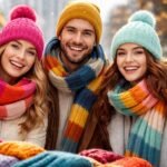 Színes sapkák és sálak a téli divatban, boldog fiatalok