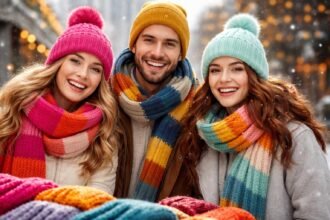 Színes sapkák és sálak a téli divatban, boldog fiatalok