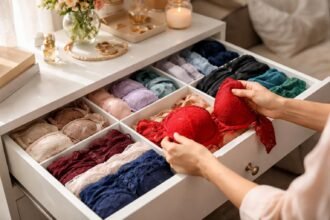 Színes fehérnemű fiókban, amely különböző árnyalatokban van rendezve.