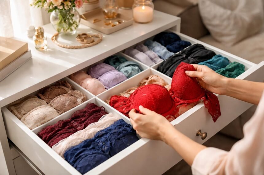 Színes fehérnemű fiókban, amely különböző árnyalatokban van rendezve.