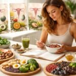 Nő táplálkozási útmutatója a női ciklus fázisaiban egészséges ételekkel.