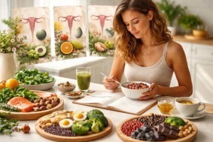 Nő táplálkozási útmutatója a női ciklus fázisaiban egészséges ételekkel.
