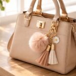 Divatos táskadísz kulcstartó a táska mellett