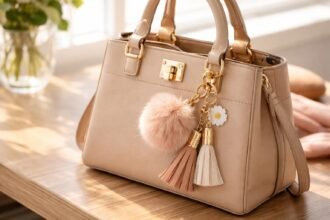 Divatos táskadísz kulcstartó a táska mellett