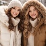 Két nő téli kabátban és sapkában a hóval borított tájban.