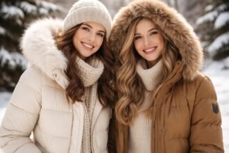 Két nő téli kabátban és sapkában a hóval borított tájban.