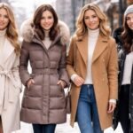 Négy nő téli kabátban a hóban, különböző stílusokban.