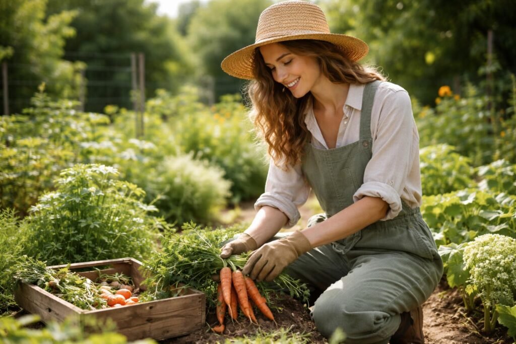 Nő kertészkedés közben, természetes anyagú ruhában, friss zöldségekkel.