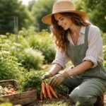 Nő kertészkedés közben, természetes anyagú ruhában, friss zöldségekkel.