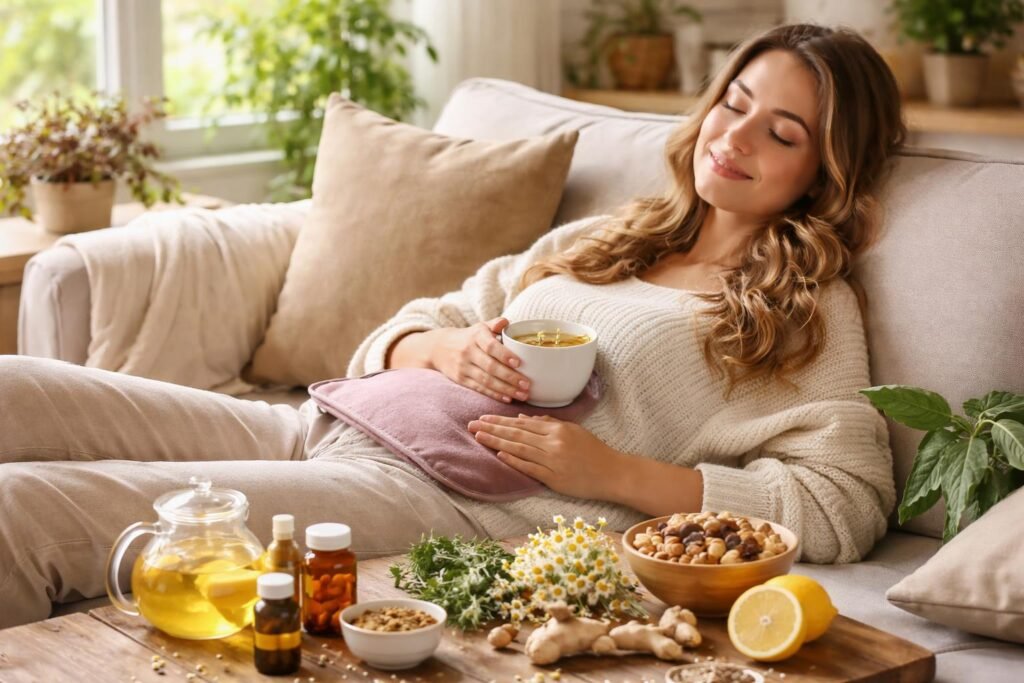 Nő természetes megoldásokat használva PMS tüneteinél