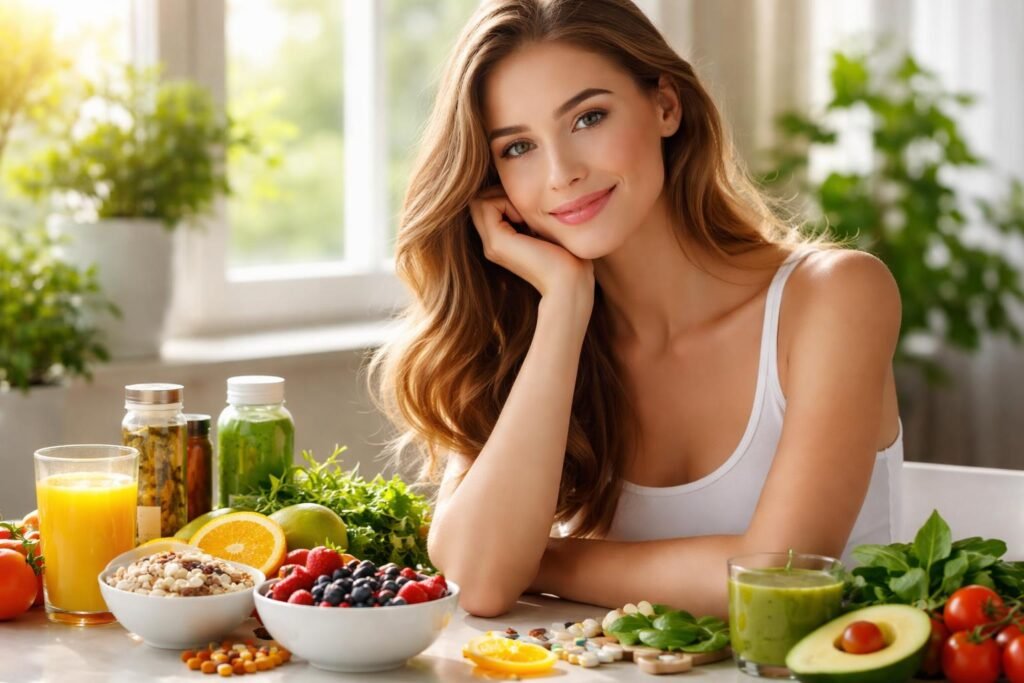 Egy fiatal nő egészséges ételek között, természetes szépség és tápláló tápanyagok.