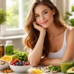 Egy fiatal nő egészséges ételek között, természetes szépség és tápláló tápanyagok.