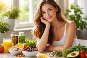 Egy fiatal nő egészséges ételek között, természetes szépség és tápláló tápanyagok.