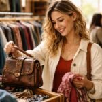 Nő használtruha boltban különleges ruhákat keresve
