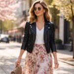 Nő bőrdzsekiben virágos szoknyával tavaszi utcán sétálva