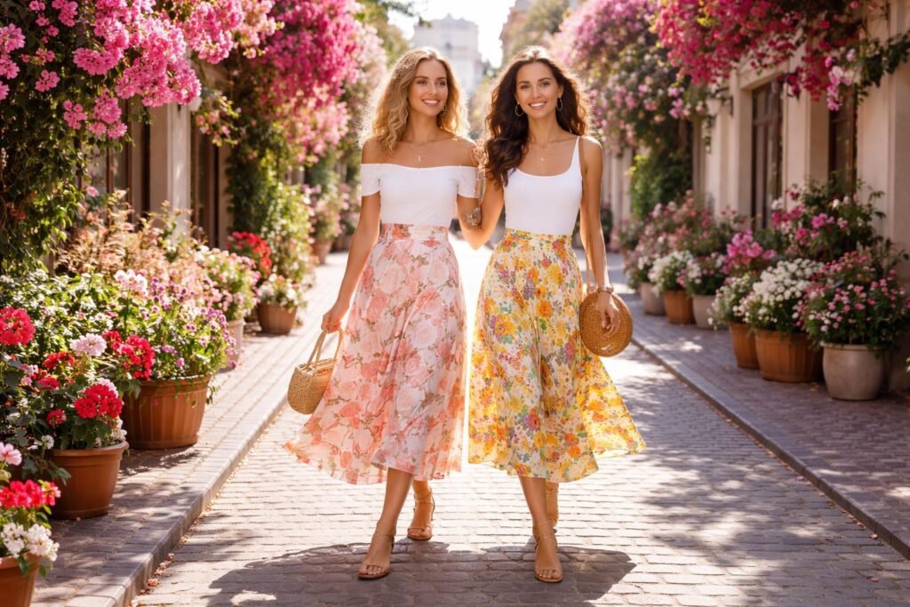 Két nő romantikus virágmintás szoknyában sétál egy virágos utcában.