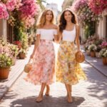 Két nő romantikus virágmintás szoknyában sétál egy virágos utcában.