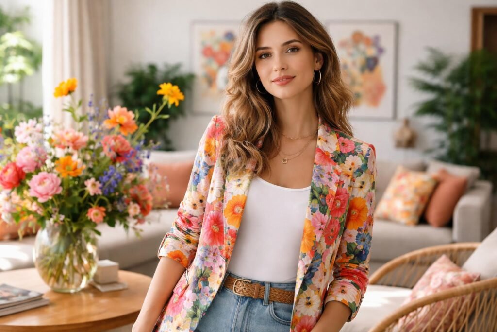 Nő virágmintás blézerben otthoni környezetben.
