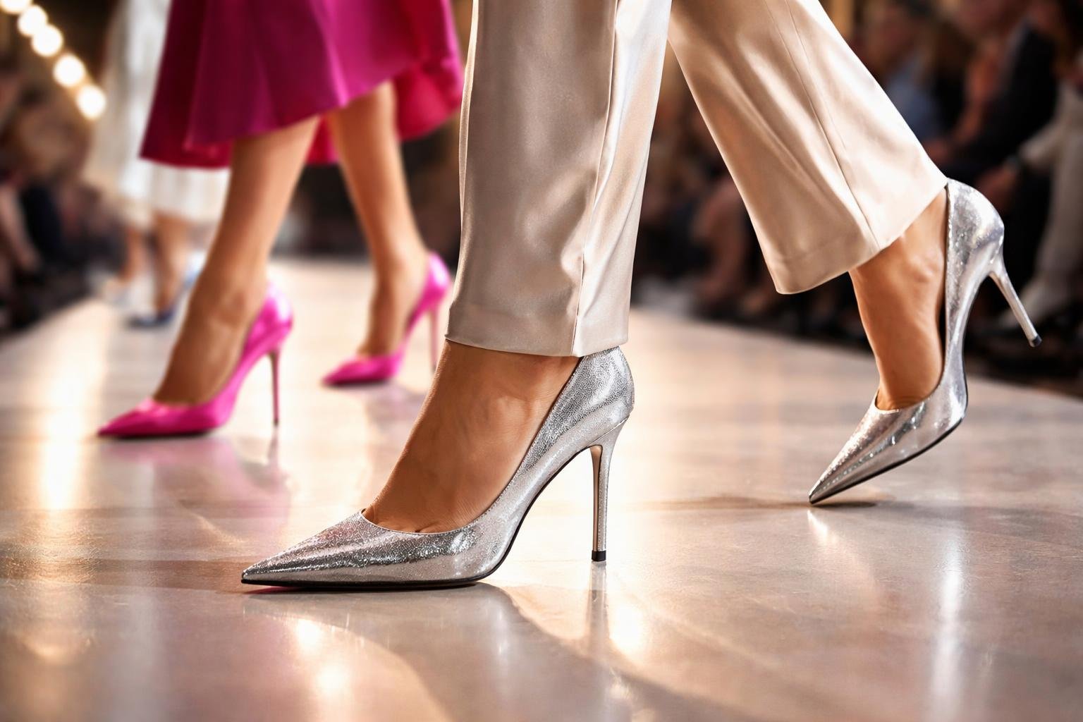 Hegyes orrú női cipők a kifutón, divatbemutatón, elegáns megjelenéssel