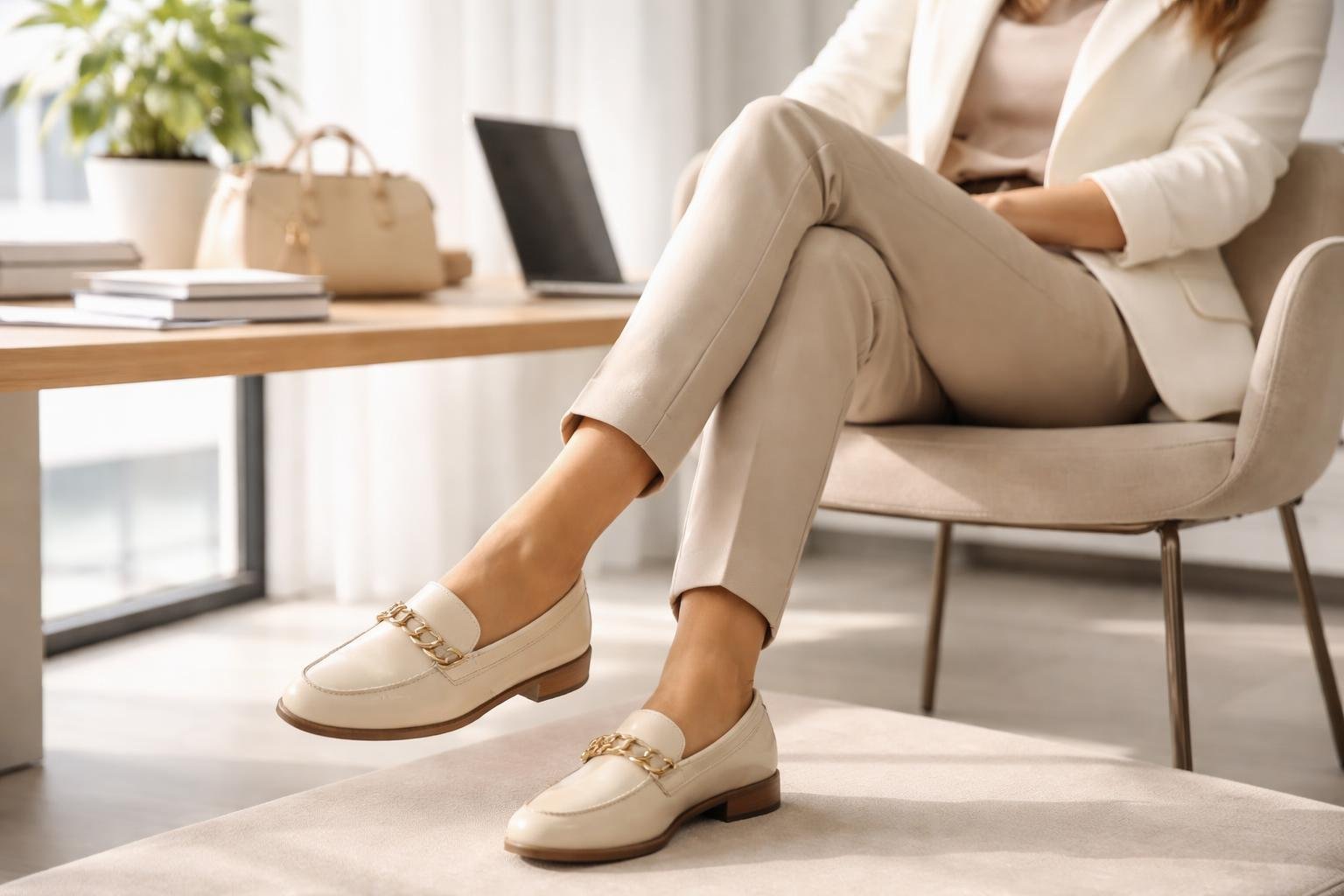 Női loafer cipők modern irodai környezetben