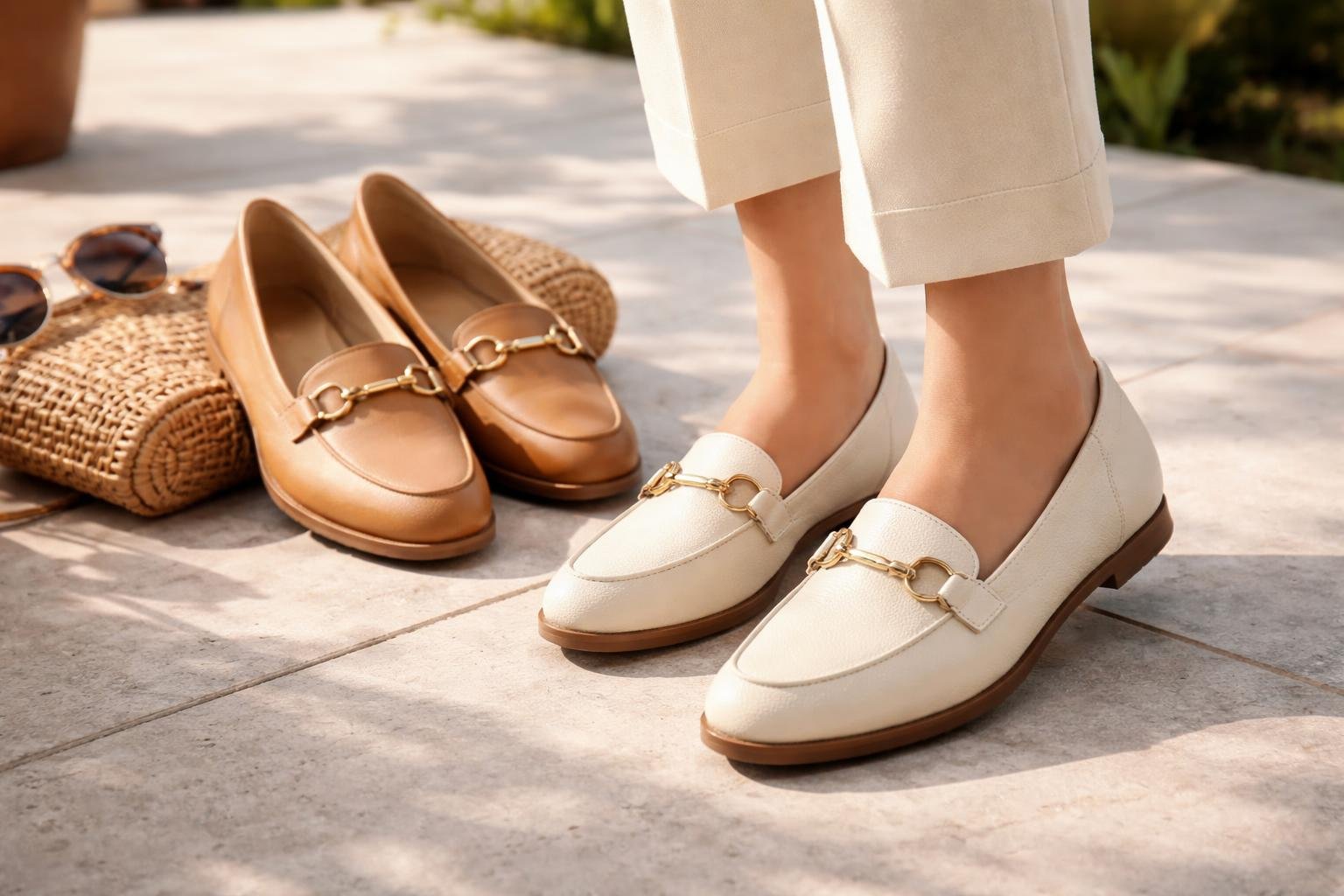 Női mokaszinok modern stílusban, barna és fehér változatokban.