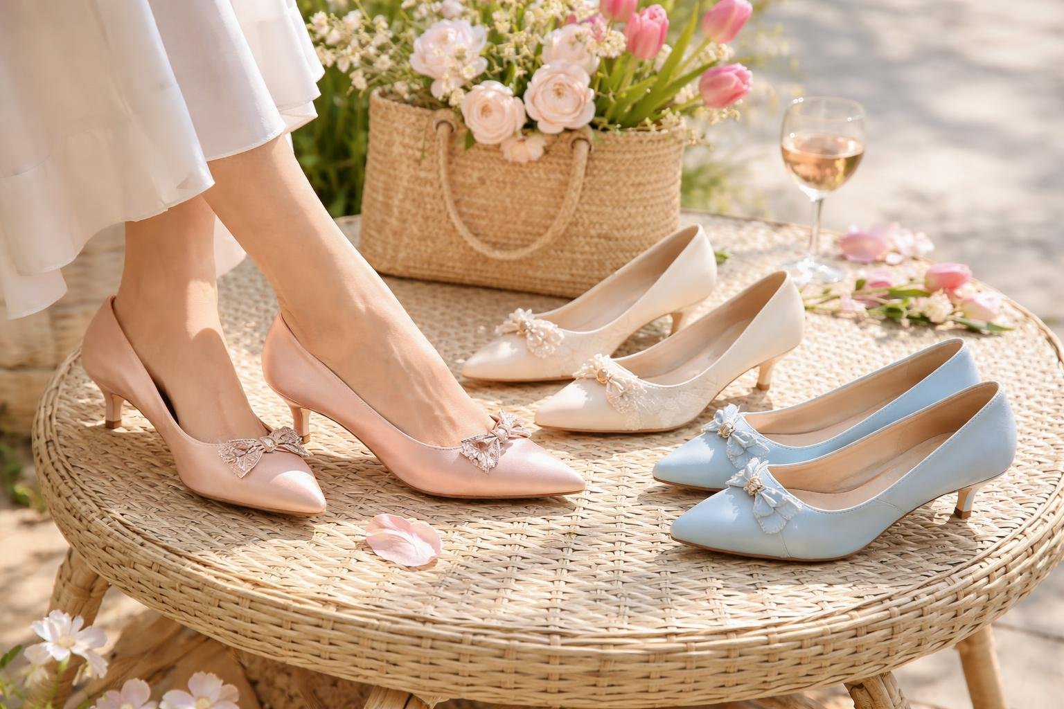 Női kitten heel cipők tavaszi divatban virágokkal és ital mellett