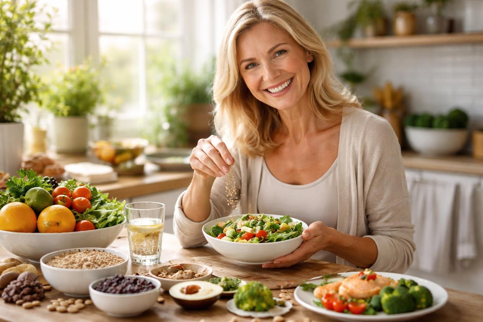 Egy nő egészséges salátát készít friss zöldségekből és gyümölcsökből.