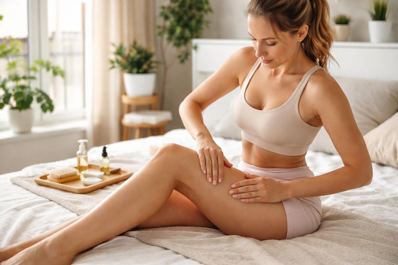 Nő otthoni nyirokdrenázst végez, feszesítve a bőrét.