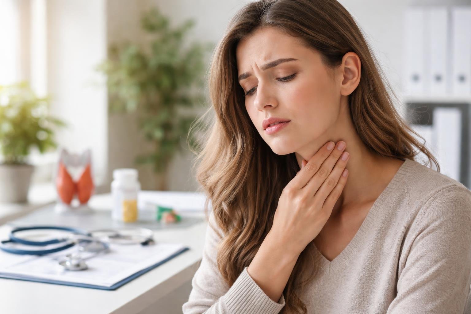 Nő pajzsmirigy problémákkal, orvosi környezetben.