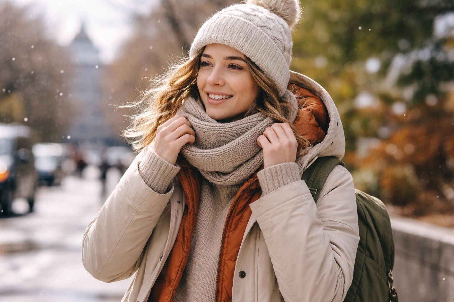 Fiatal nő réteges öltözködésben áprilisi időjárásban.