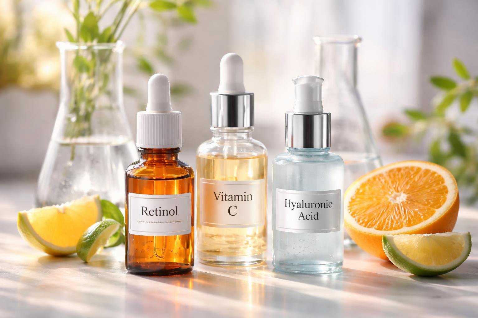 Retinol, C-vitamin és hialuronsav bőrápoló szérumok asztalon