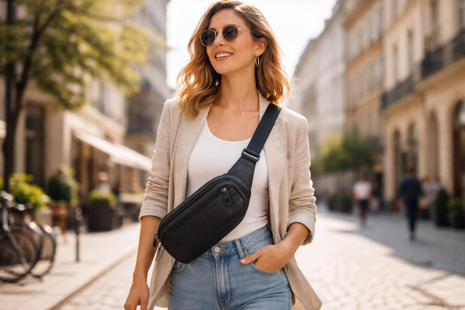 Elegáns hölgy átvetős táskával városi környezetben