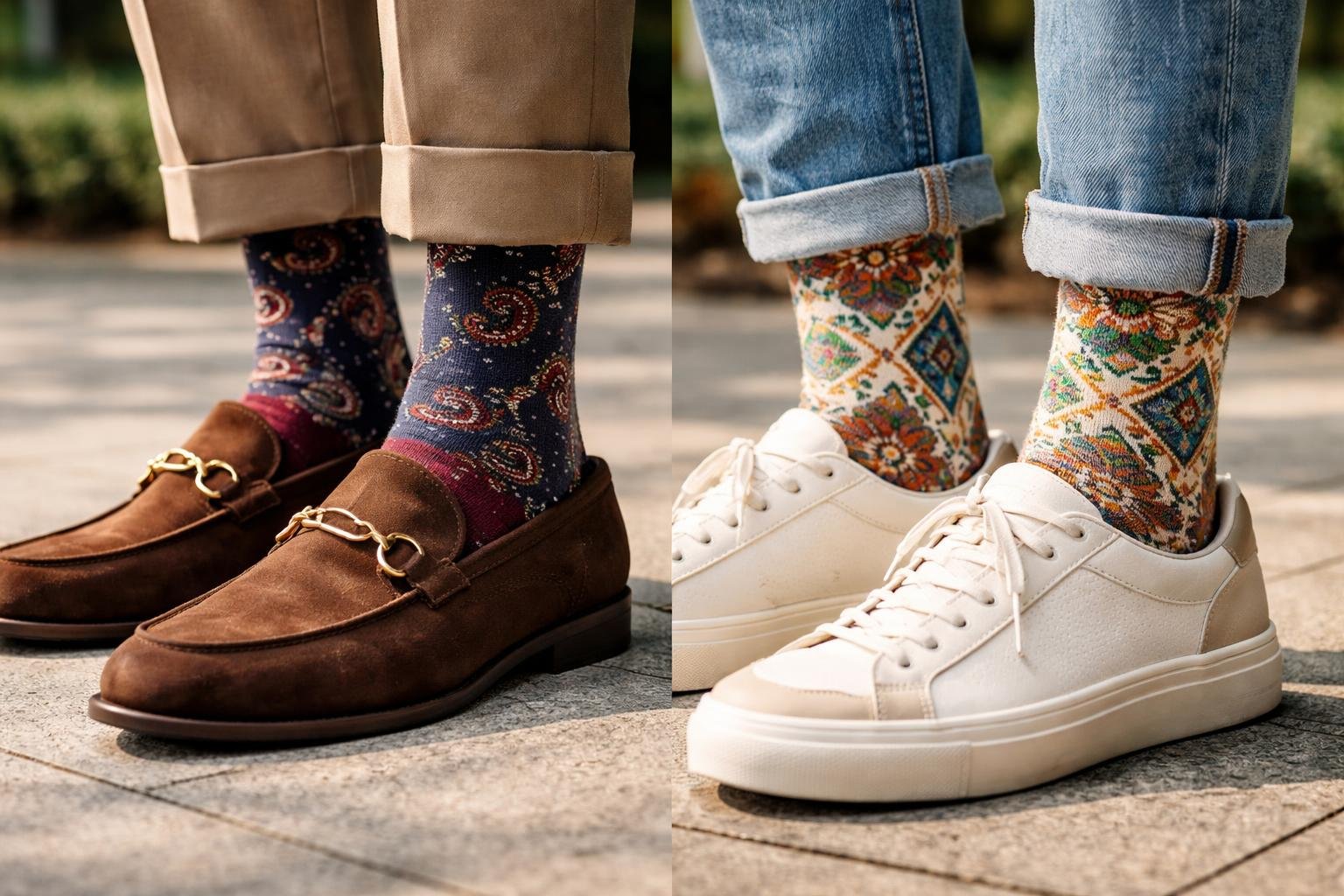 Díszes zoknik loafer cipőhöz és sneakerhez mutatókban.