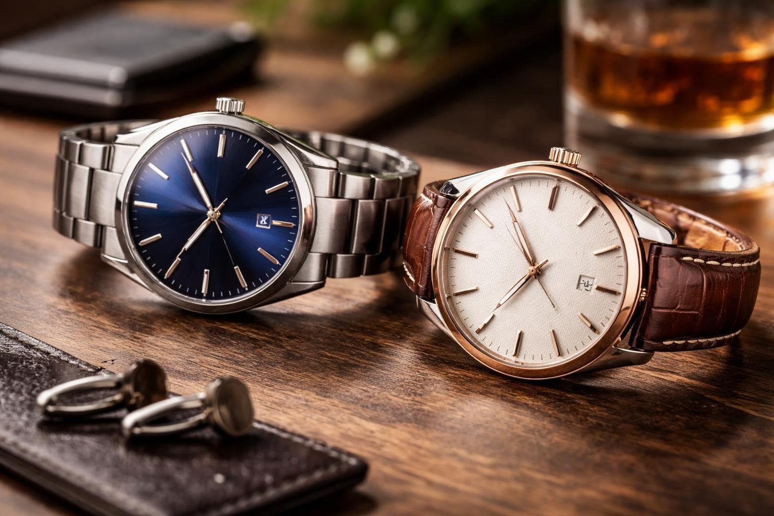 Elegáns férfi karórák fém és bőrszíjjal, asztalon