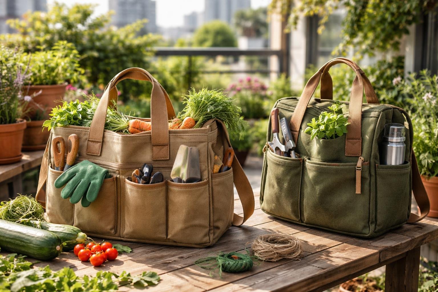 Kerti munkához tervezett táskák, zöldségekkel és szerszámokkal