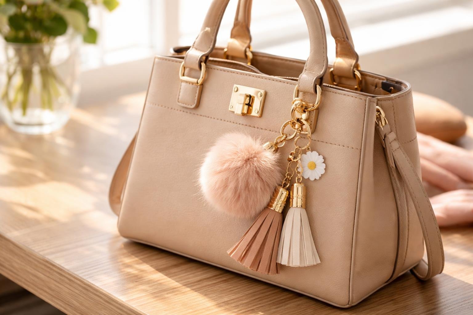 Divatos táskadísz kulcstartó a táska mellett