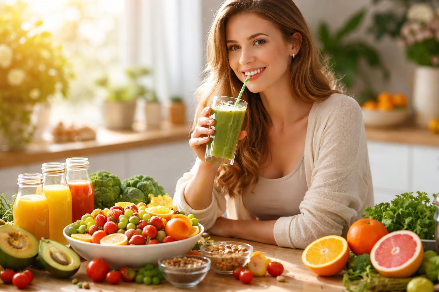 Nő egészséges smoothie-t fogyaszt vitaminokkal teli gyümölcsök között.