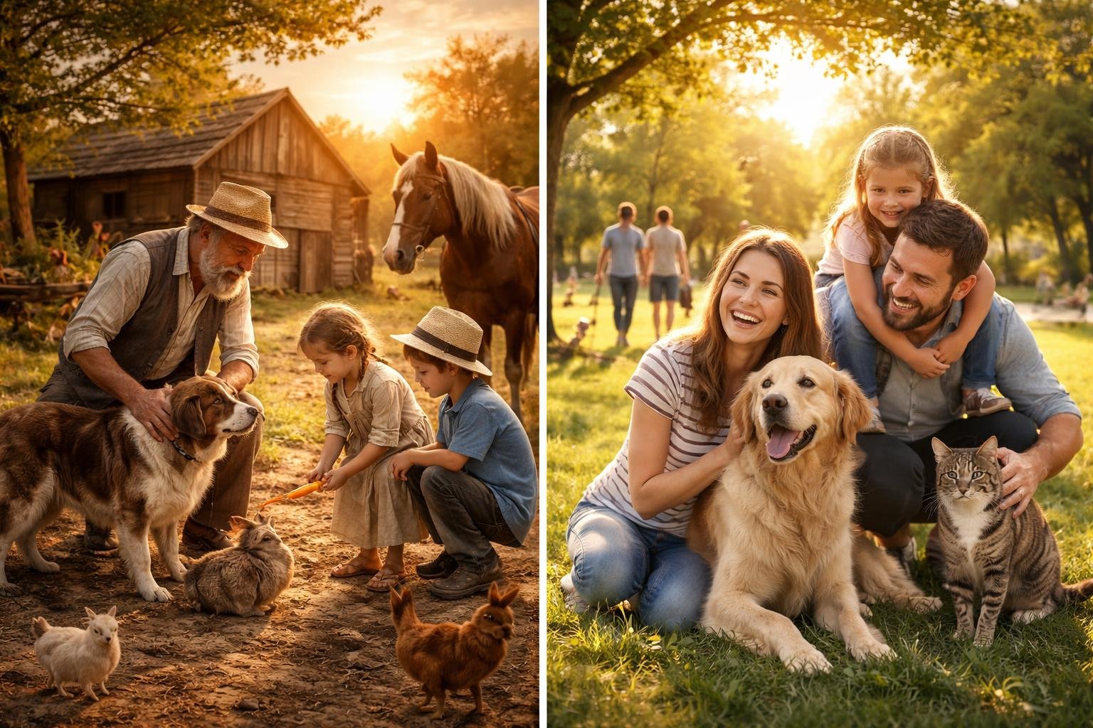 Gyermekek és felnőttek állatokkal játszanak naplementében.