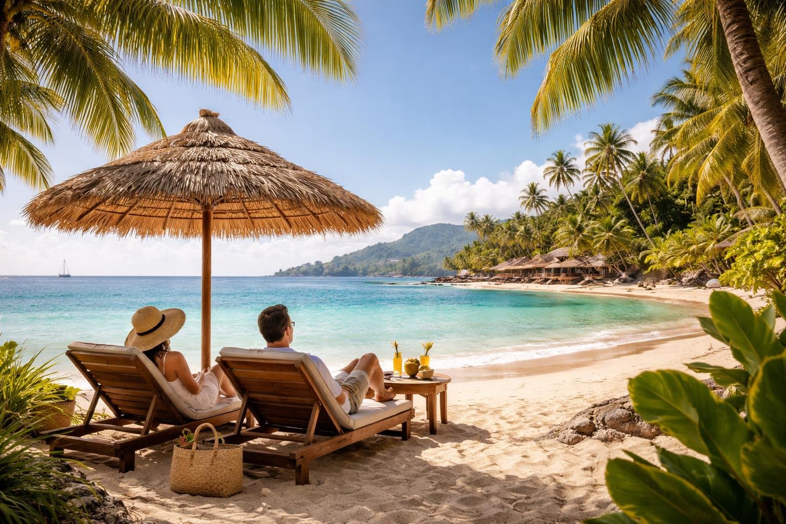Pár a tengerparton napernyő alatt, trópusi környezetben