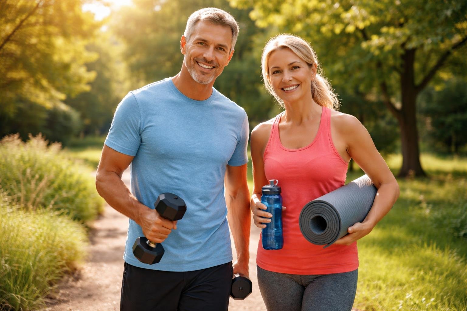 Fitt idősek edzés közben a szabadban, kézi súlyzókkal és sportfelszereléssel.