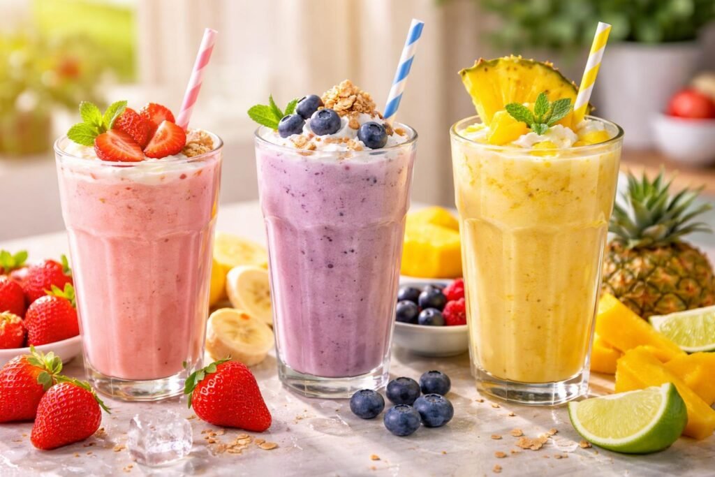 Három ínycsiklandó tejturmix friss gyümölcsökkel és díszítéssekkel.