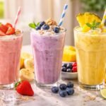 Három ínycsiklandó tejturmix friss gyümölcsökkel és díszítéssekkel.