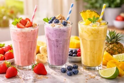 Három ínycsiklandó tejturmix friss gyümölcsökkel és díszítéssekkel.