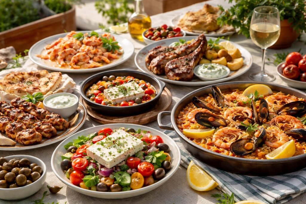 Mediterrán ételek nyári vacsorához, friss hozzávalókkal és ízekkel.