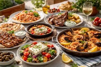 Mediterrán ételek nyári vacsorához, friss hozzávalókkal és ízekkel.