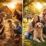 Gyermekek és felnőttek állatokkal játszanak naplementében.