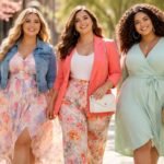 Három fiatal nő tavaszi divatban, színes ruhákban sétál.