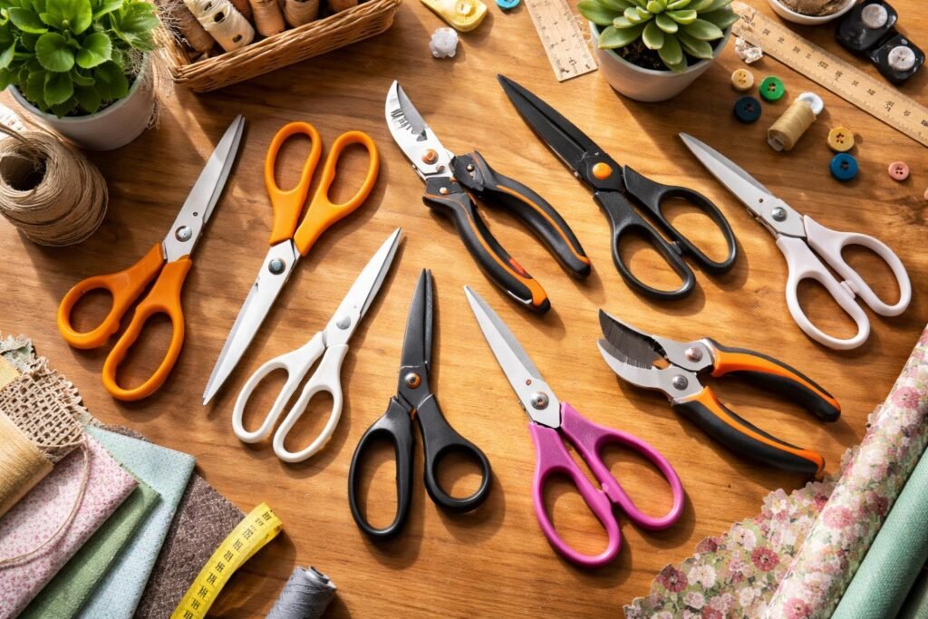 Fiskars ollók különböző típusai kreatív munkához és konyhába.