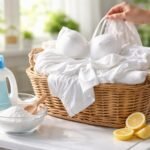 Fehérnemű és háztartási fehérítők kosárban otthoni környezetben.